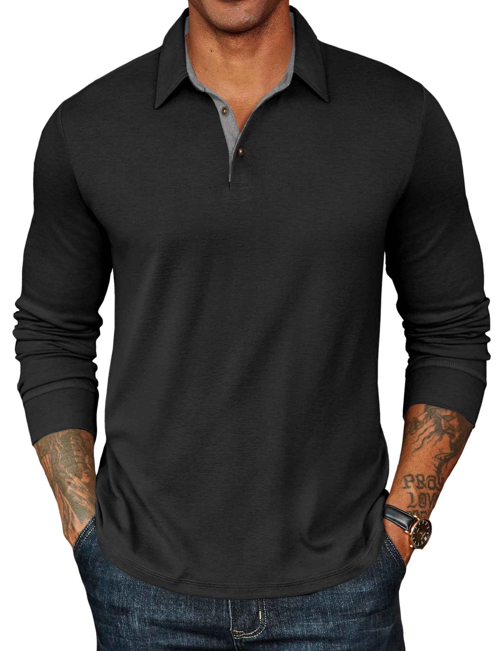 COOFANDY Mens Long Sleeve Polo Shirts Classic Casual Button Polo Tee | Casual,Button Collar,Lightweight,Classic Basic,Soft fabric,Breathable X-Large 02-black