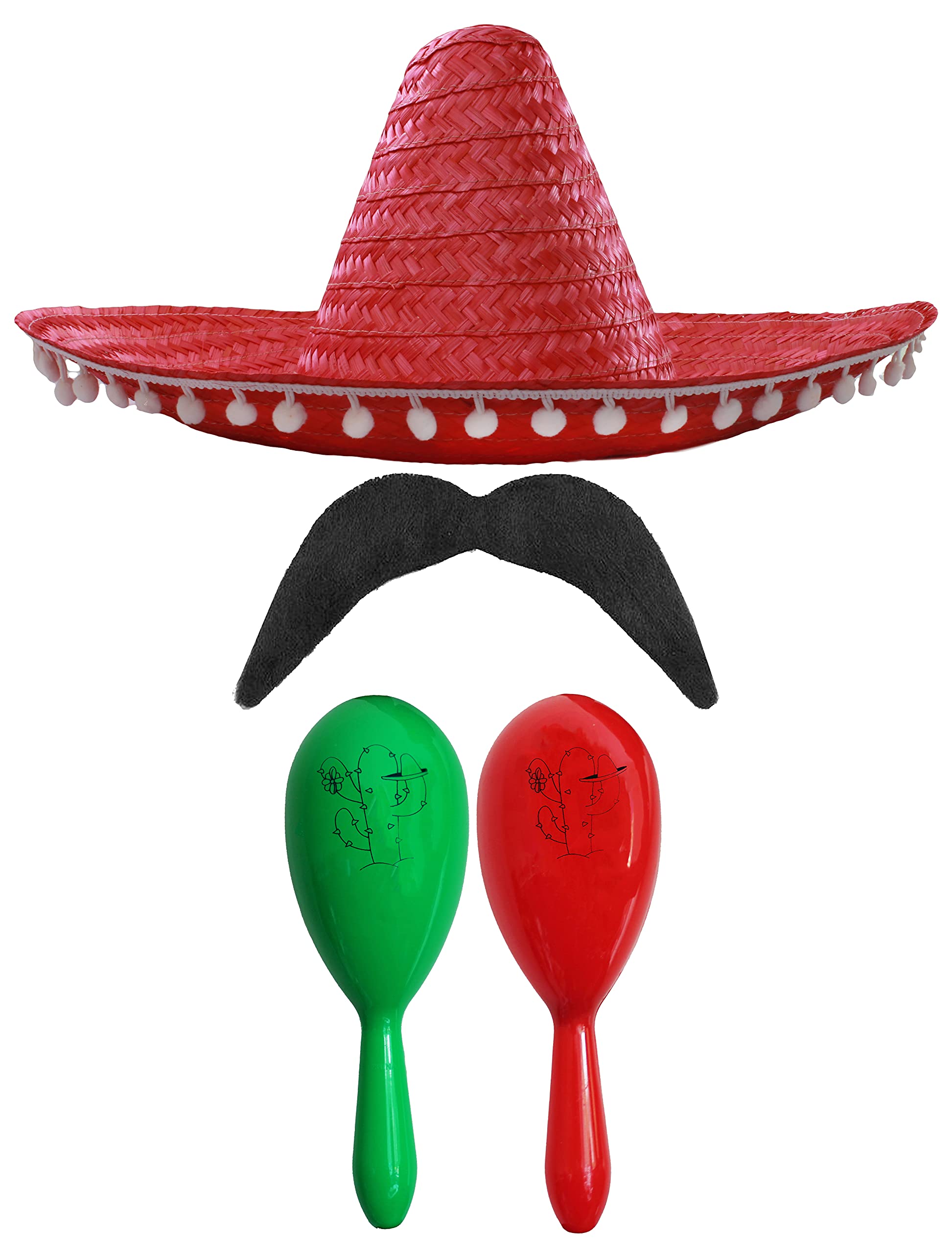 Adults Mexican Accessory Set - Natural Mexican Sombrero, Green & Red Maracas, Moustache - Mexican Cinco de Mayo Sensorita Bandit Mariachi Fancy Dress Costume Accessory Set