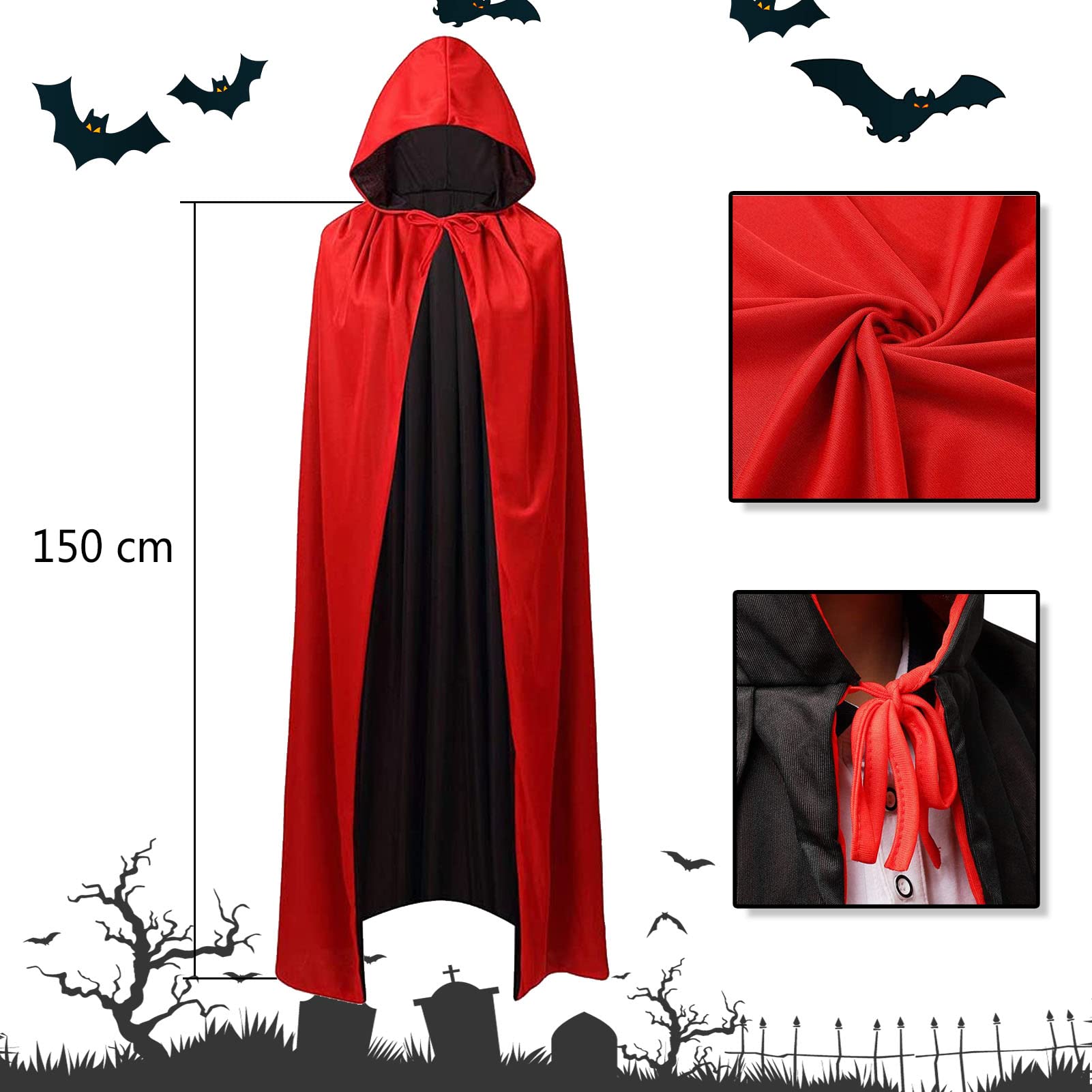 Vampir Umhang Mit Kapuze – Doppelseitig Gelb/schwarz Für Halloween & Karneval