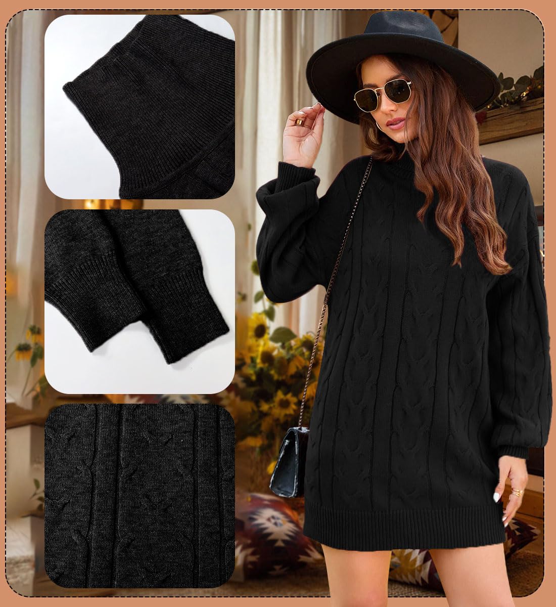 JFAN Vestito Invernale Donna Elegante Collo Alto Abito Lavorato a Maglia Vestiti Maglioni Girocollo Casual Trapezio Abito