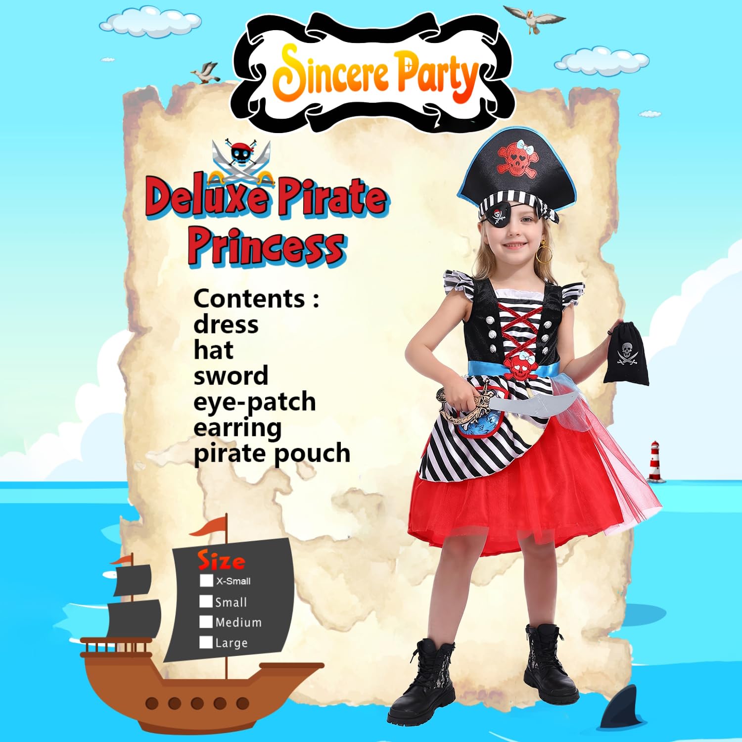 Sincere Party Piratenkostüm für Mädchen,Seeräuber-Prinzessin,Deluxe-Kleid und Piratenhut für Kinder