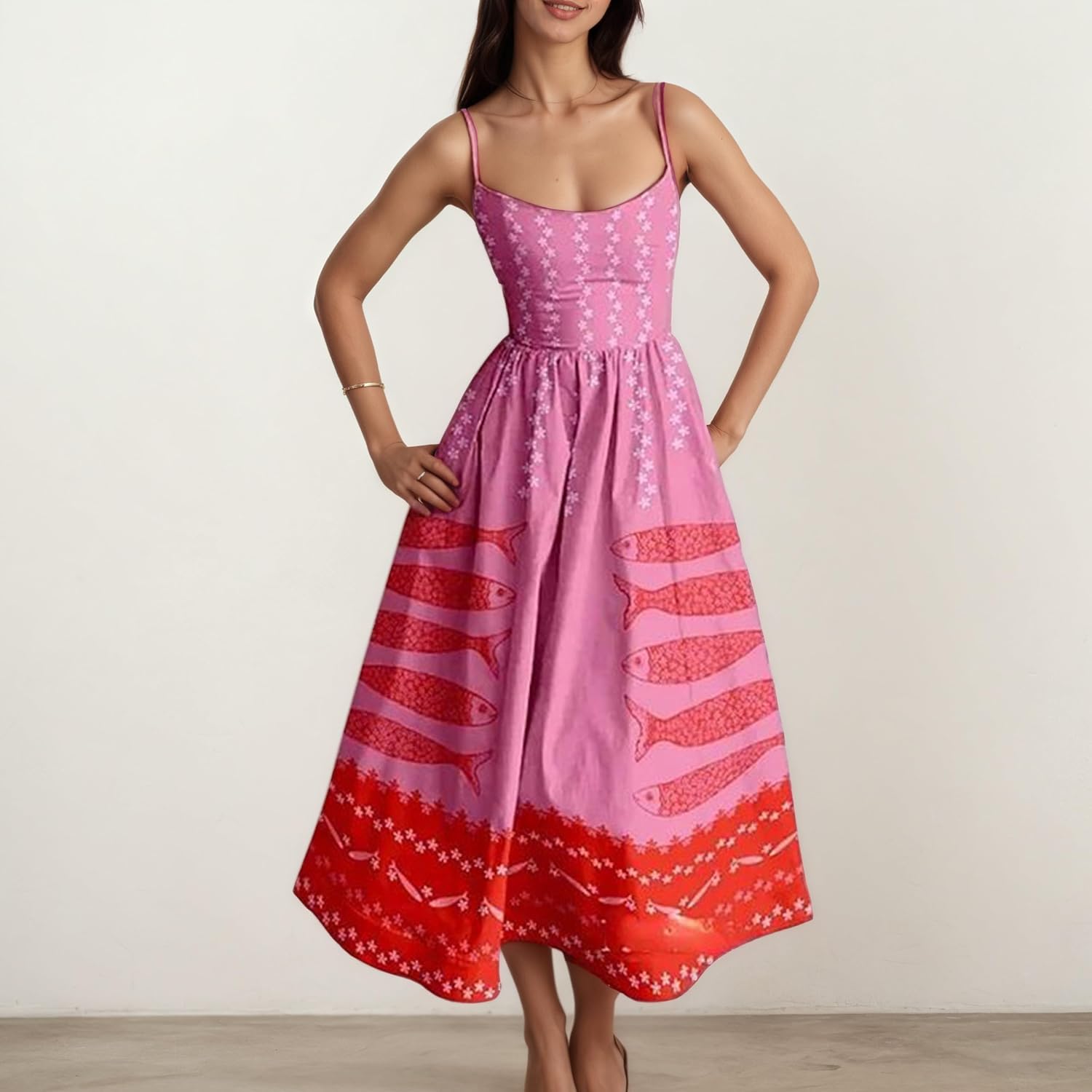 Women's Boho Print Sexy Spaghetti Strap Swing Maxi Dress Sleeveless Beach Sundress Back Smocked Flowy Long Cami Dress