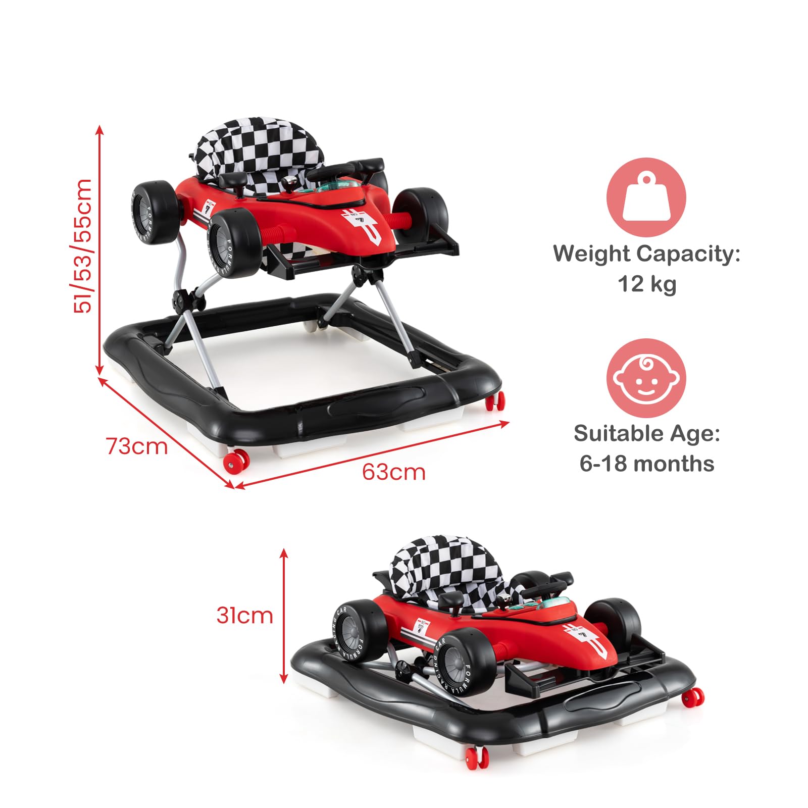 LIFEZEAL 4 en 1 Trotteur Bébé Evolutif avec 3 Hauteurs Réglables, Chariot de Marche Pliable avec Roues Universelles, Musique, Lumières, Trotteur d'Activité pour Garçon Fille 6-18 Mois, Charge 12 kg