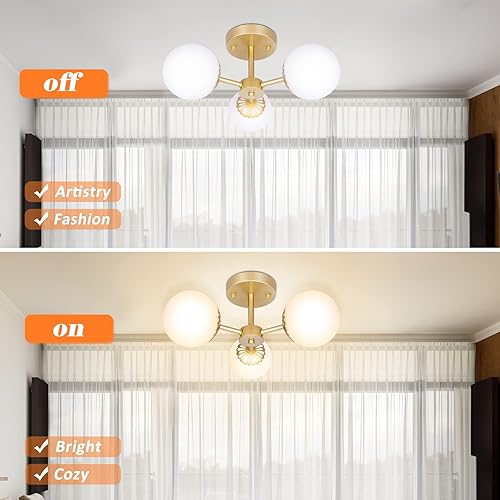 Miniatura 6 de Lámpara de techo de latón semiempotrada moderna de mediados de siglo, candelabro dorado de vidrio esmerilado de 3 luces, lámpara de techo colgante