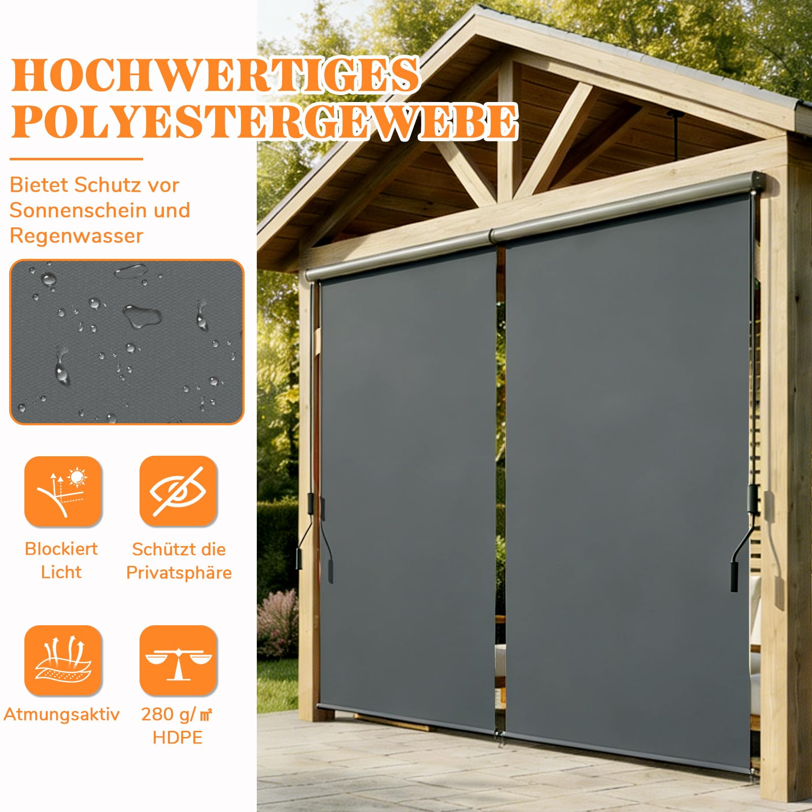 Huracan Senkrechtmarkise 160x250cm, Sonnenschutz Balkonmarkise Alu mit Kurbel, Außenrollo Wasserfest, Sonnenmarkise Vertikalmarkise Balkon sichtschutz, senkrechtmarkise außen, Markisenkasten Terrasse