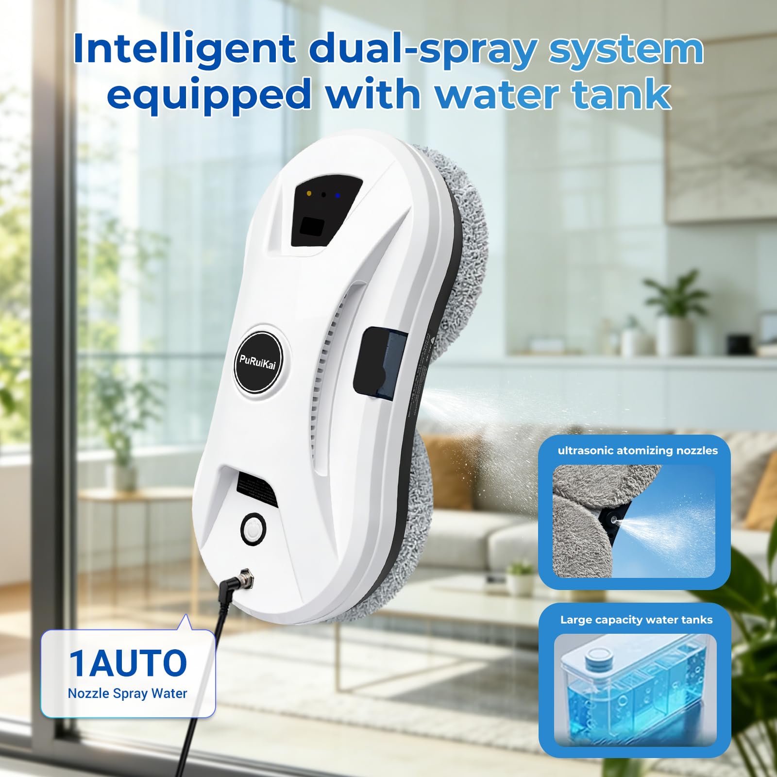 Robot Lave-vitres Automatique, Aspiration 5600Pa, Blanc | Pulvérisation d'eau, 3 modes de nettoyage, télécommande. Idéal pour fenêtres, miroirs et surfaces lisses. Rapide et efficace.