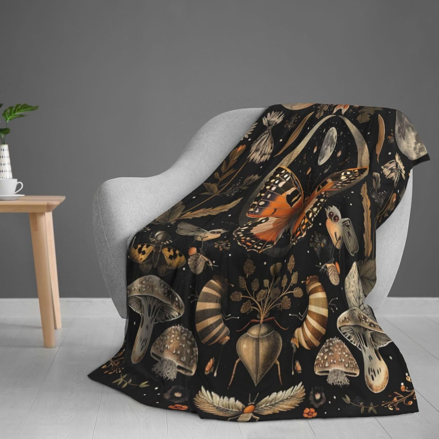 Orange Butterfly Moon Flower Throw Blanket, 320gsm Boho Mushroom Blanket Fluffy Cozy Soft Warm Plush Decorative Gifts for Women Men Kids, Blankets Quilt for Bed Sofa Chair Couch (60"x50")