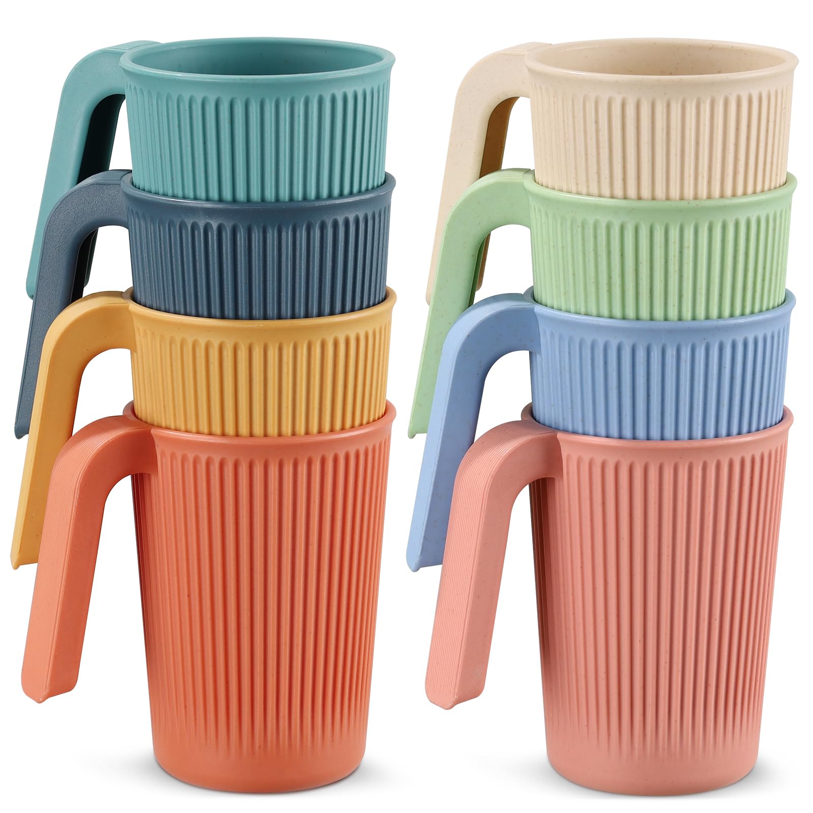 8-Pack 350ML Reusable Plastic Cups with Handles, Unbreakable Shatterproof Tumblers - Plastic Cups Stackable for Hot/Cold Drinks, Freezer & Dishwasher Safe, Multi-Color for Travel, Camping, Parties