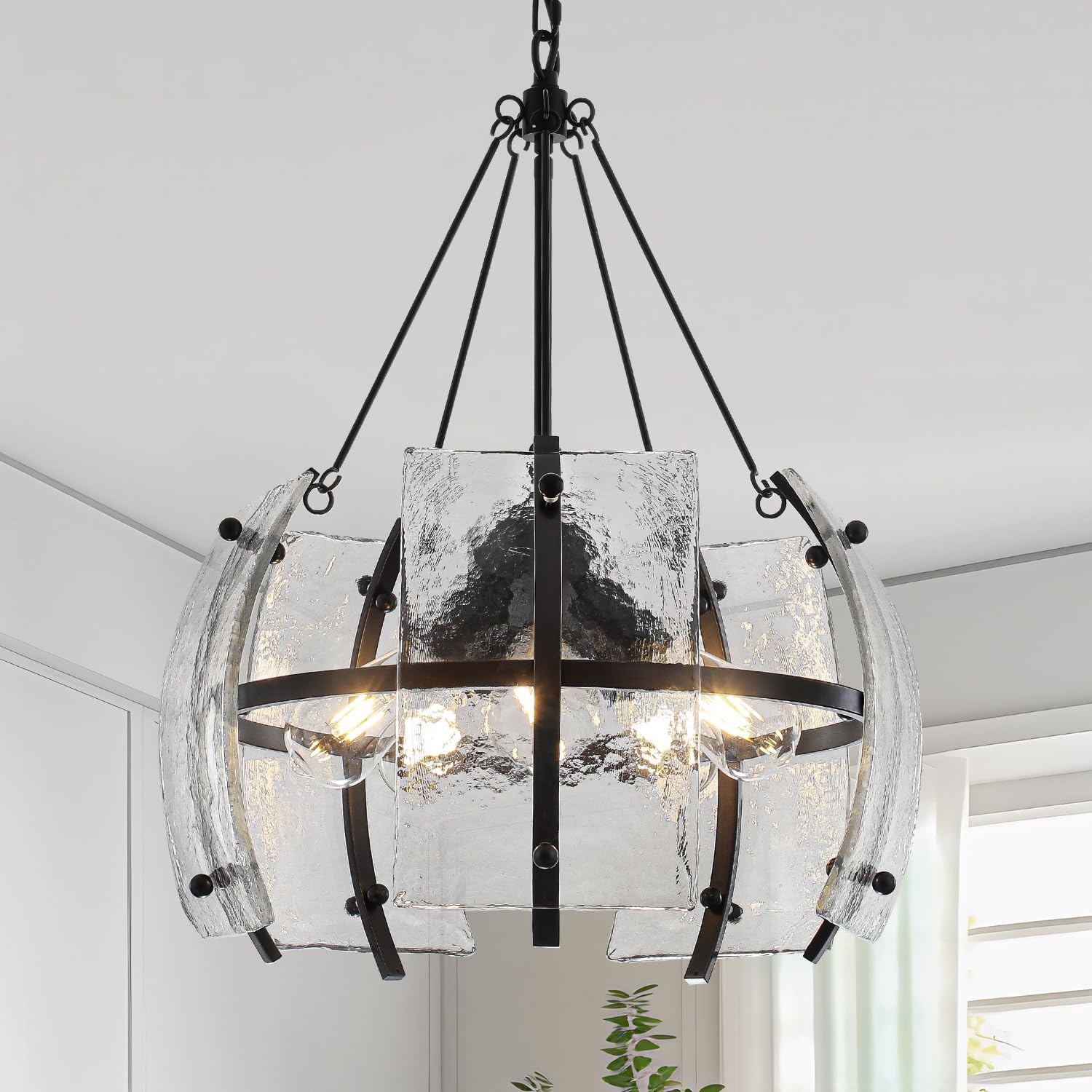 19.7" Black Chandeliers for Dining Room，5-Light Textured Glass Modern Light Fixture,Adjustable Hanging Drum Chandelier for Kitchen Island Hallway Entryway Foyer