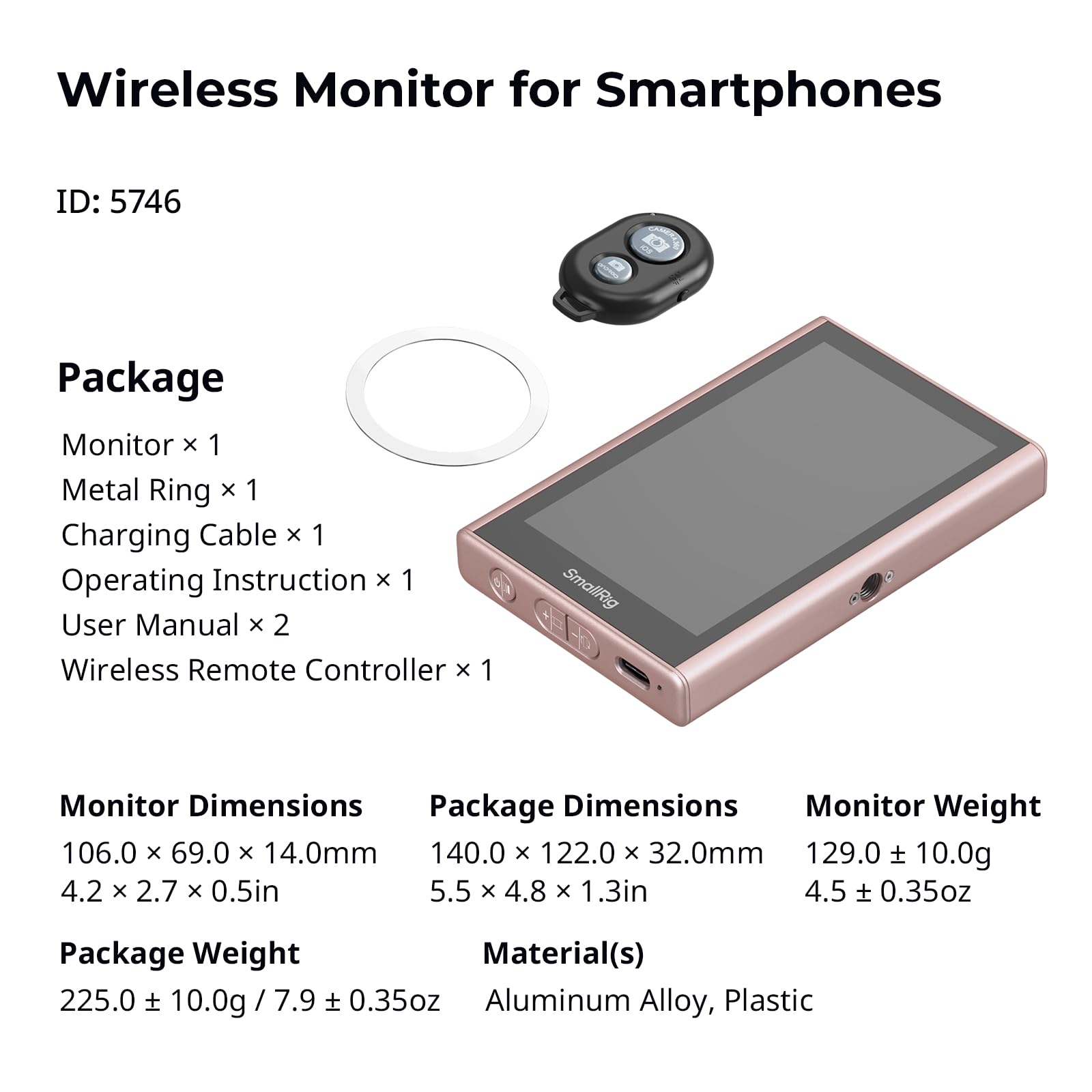 SMALLRIG Pink Phone Monitor Screen mit drahtloser Steuerung, 1080P drahtlose Aufnahme (unterstützt 4K 30fps), magnetischer Video-Monitor für MagSafe für iPhone, für Vlogging, Content Creation - 5746