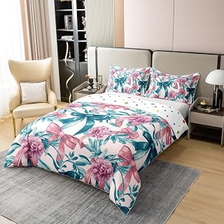 Erosebridal Cute Bowknot 100% Cotton Bedding Set Queen,Watercolor Tie Dye Comforter Cover Gifts for Kids Girls Women,Vintage Victorian Baroque Quilt Cover,Oil Painting Bow Knots Bedspread Cover