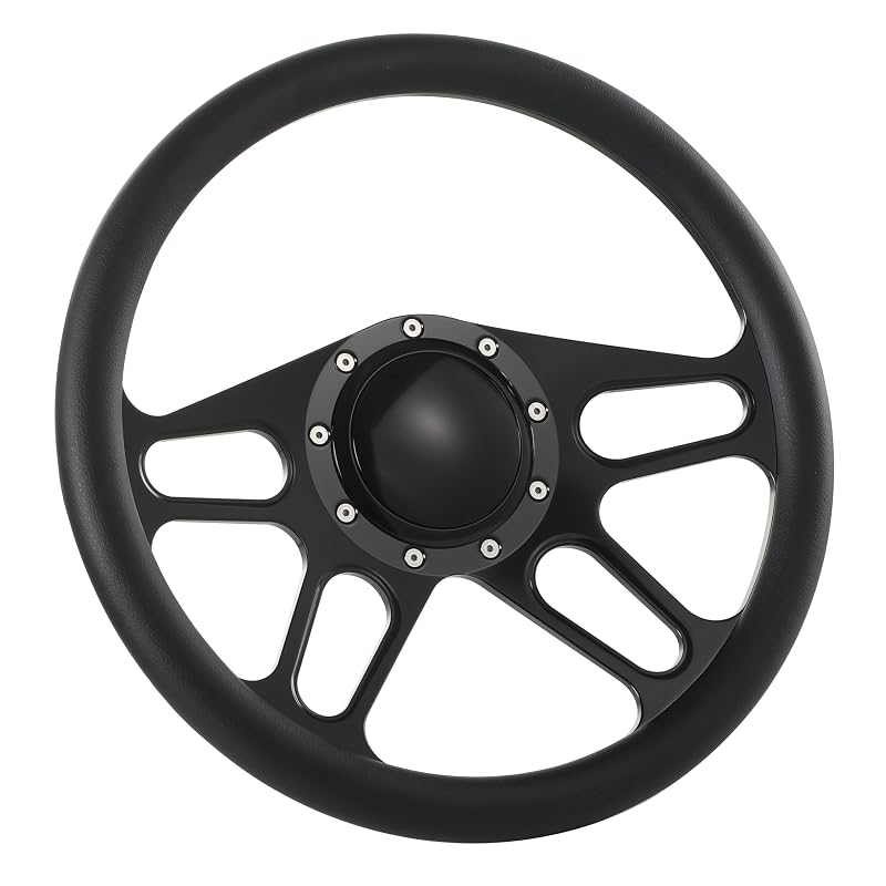 Volante esportivo de alumínio billet Flashpower preto com meia capa, botão de buzina e 3 raios – 35,6 cm