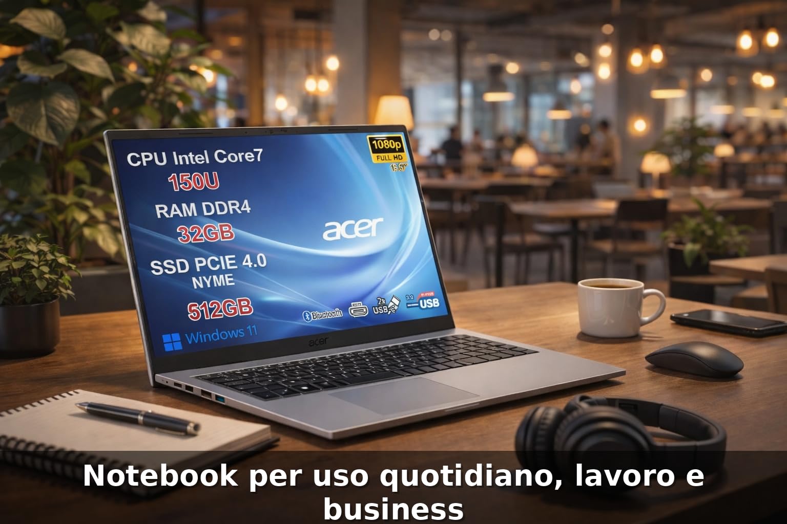 acer Aspire Go 15 PC Portatile Notebook, CPU Intel Core 7 150U di nuova generazione fino a 5,4 GHz, RAM 32GB, SSD 512GB, Wi-Fi 6, Display 15,6" Full HD Antiriflesso, USB Type-C, Windows 11, Silver - 2