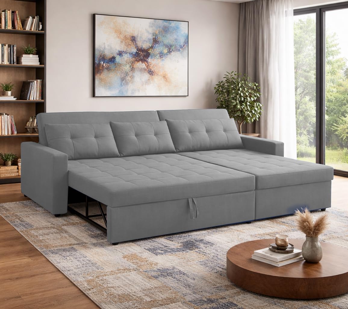 Treshta 4 Seater RHS L - Shape Pull-Out Sofa Cum Bed Sofa for Living Room (Dark Grey Fabric Color) Premium Fabric Sofa Set for Living Room Sofa Cum Bed-picture-52