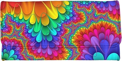 Binienty Cartera de cuero a la moda para mujer, diseño delgado de tres pliegues para tarjetas de crédito, Teñido tie dye arco iris, Billetera triple