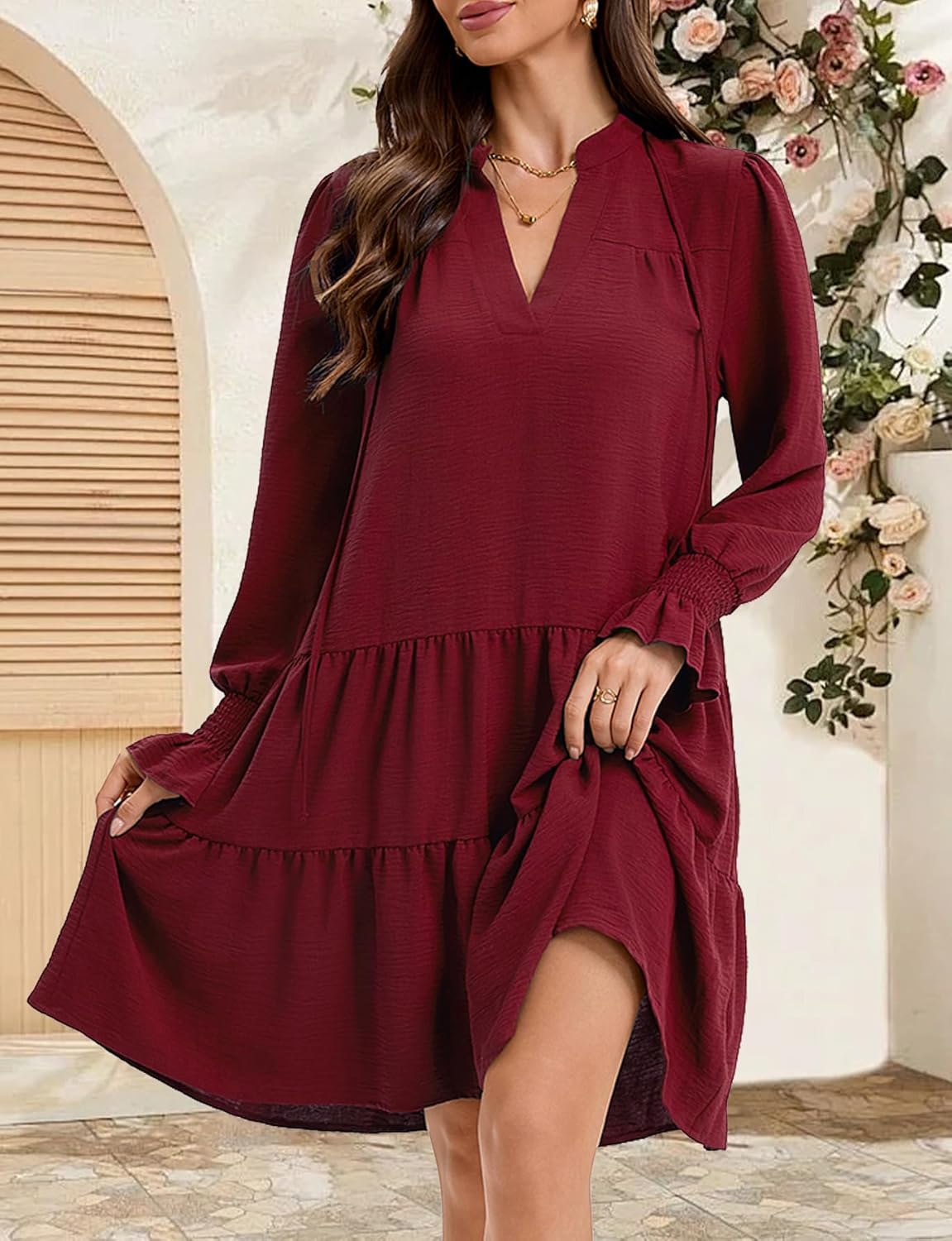 Womens Fall Long Sleeve Tunic Dress Casual V Neck Loose Ruffle Tiered Dress Wine Red Large - Image 2