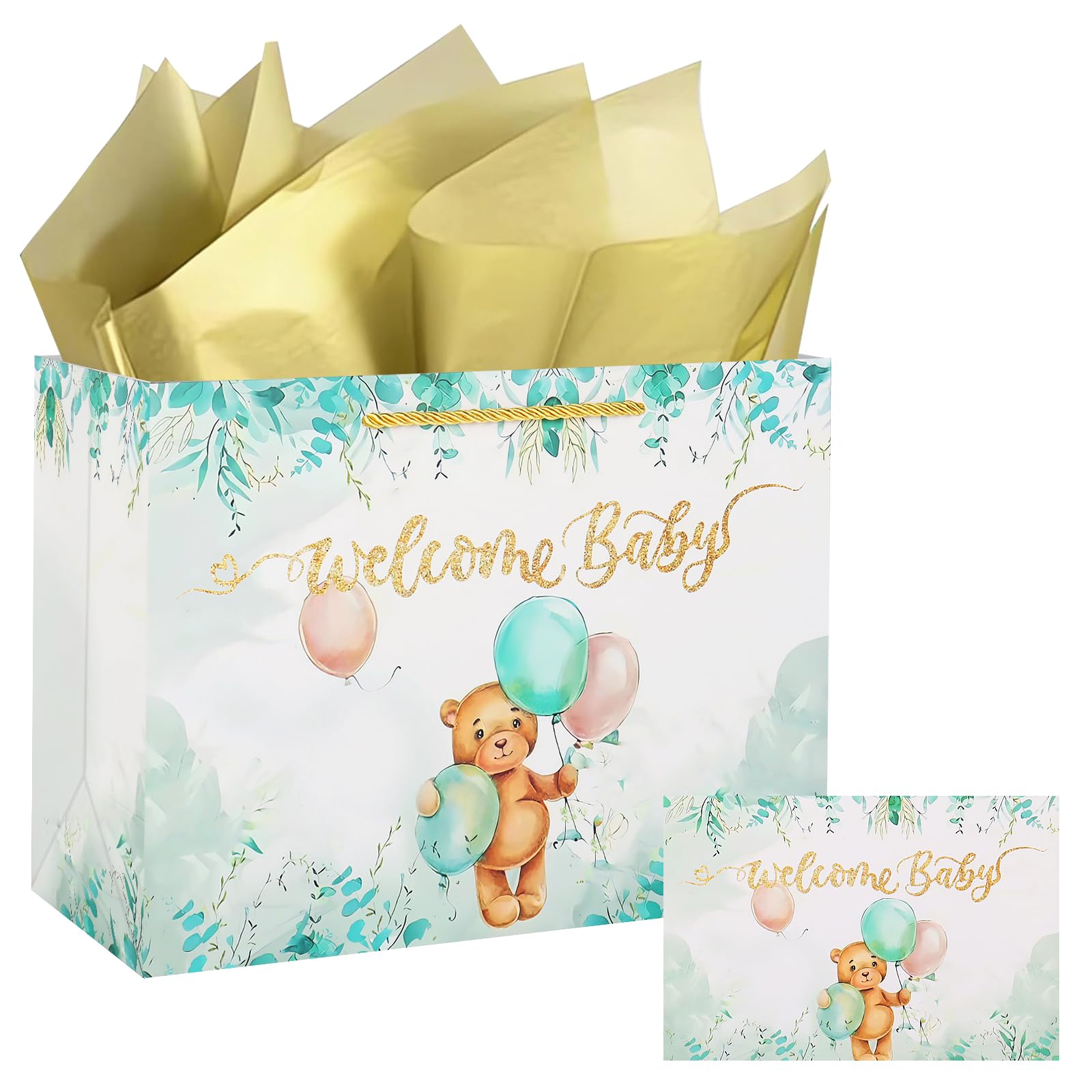 Medium Baby Gift Bags Paper for Baby Shower,Reusable Baby Gift Shower Bags with Tissue Paper and Greeting Card for Boy and Girl Baby Shower Party-30x12x22cm