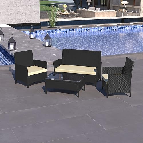 Miniatura 9 de MLM-17240 - 1 sofá biplaza con 2 sillas individuales, mesa de centro de cristal para jardín, césped, piscina, patio trasero, 4 piezas, ratán Pattio,