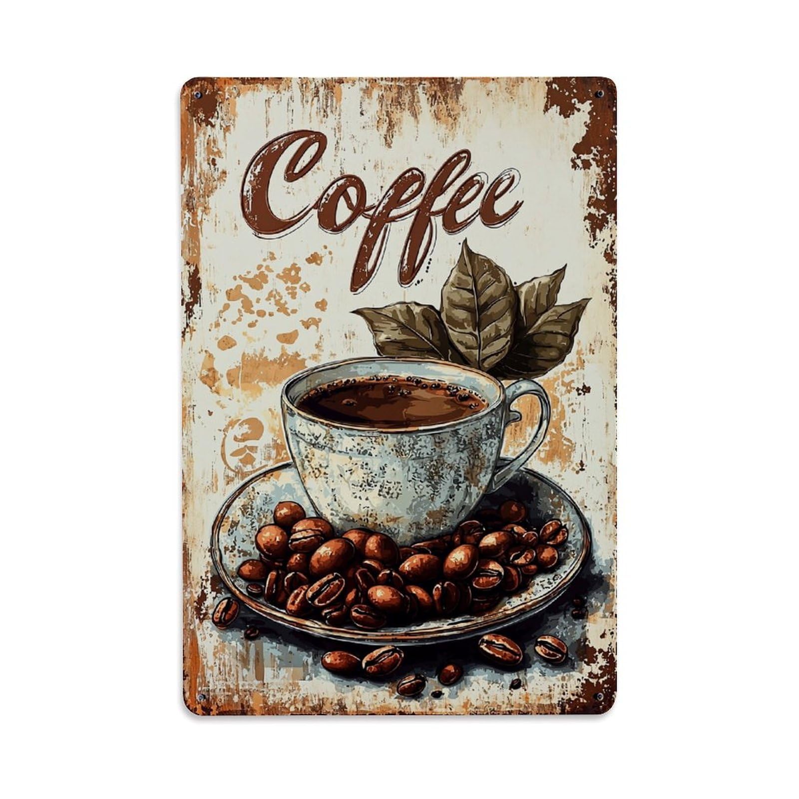 Coffee Cup Beans Leaves Rustic Retro Metal Tin Sign, Vintage Decor Art Poster for Bar, Home, Man Cave, Kitchen, Laundry Room Gift 8x12Inch