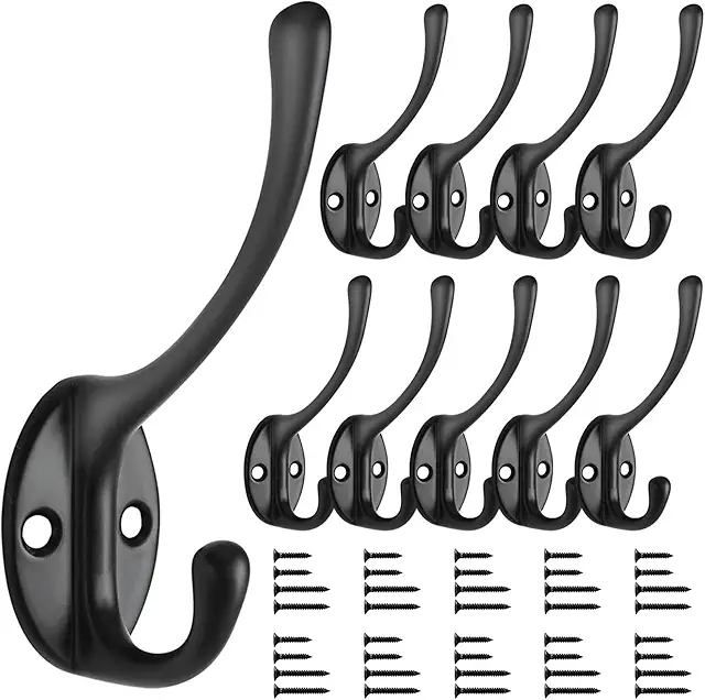 Bolatus Vintage Black Double Coat Hooks - Heavy Duty Wall Mounted Hat Hooks (10pcs)