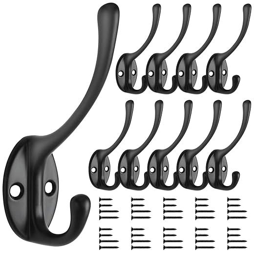 Coat Rack Black Vintage Antique Hat Wall Mounted Hook Heavy Duty Double Coat Rack with 40 Screws for Bathroom Bedroom Mounting Room, 10 Pieces, Matte Finish