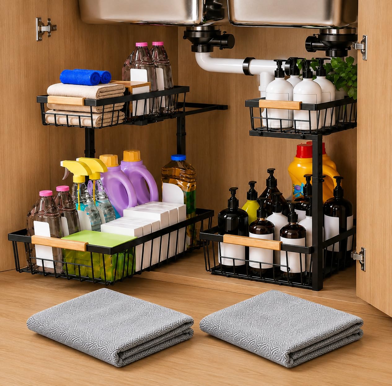Confezione da 2 organizer sotto lavello compatto regolabile (28-42 cm) con 2 panni in microfibra, scaffale metallico per cucina e bagno, design speciale per sifone e tubi a U, colore nero