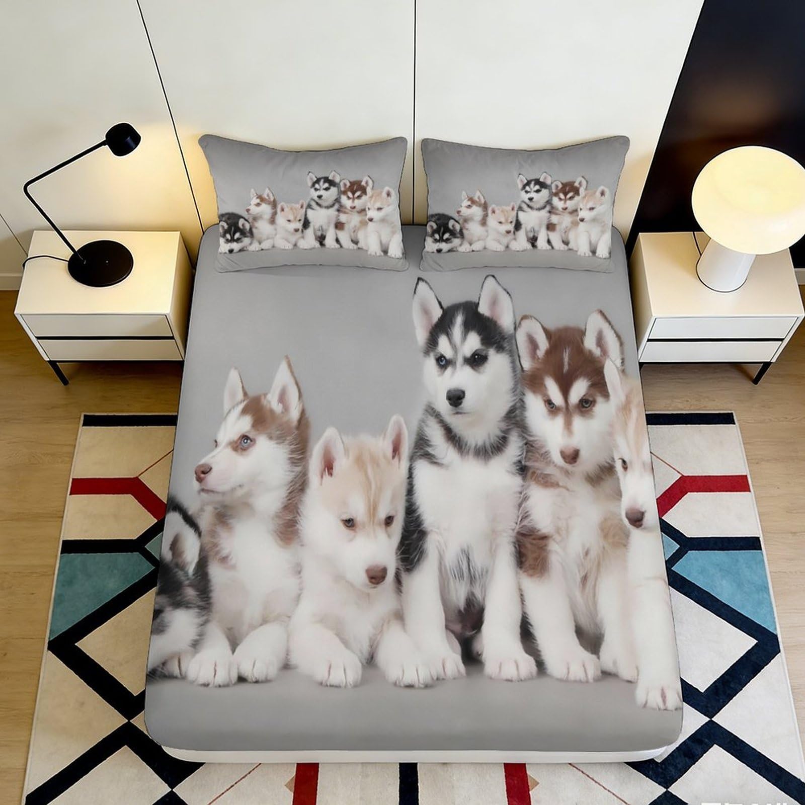 3D Printed Husky Puppies Fitted Sheet Microfiber Soft Breathable Cute Dog Pattern Bed Cover for Bedroom Dormitory Guest Room Mattress Protection 90x200x25cm