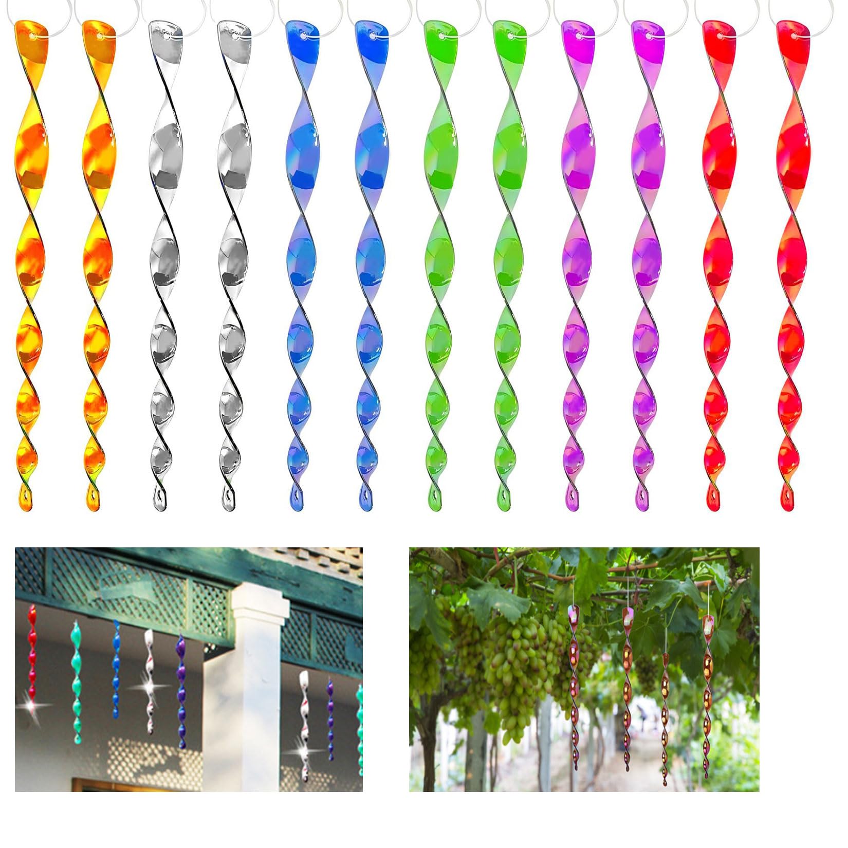 Xiqunw 12 Stück Reflektierende Windspirale Vogelschreck, Edelstahl Taubenabwehr Balkon, Vogelabwehr Zum Vertreiben von Vögeln & Tauben, Ideal für Balkon und Garten Dekoration(Farben mischen)