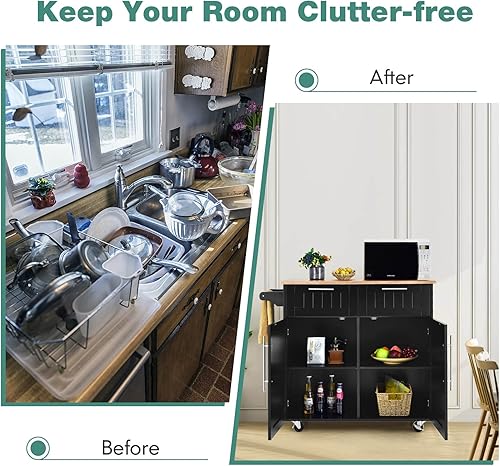 Miniatura 8 de Harmony-Furniture - Isla de cocina con ruedas con cajones y armarios de almacenamiento, carrito de servicio con cerradura, carrito de cocina móvil