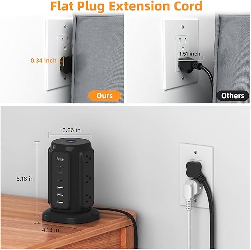 Miniatura 2 de BESFAN - Regleta de alimentación de enchufe plano con 9 tomas, 5 puertos USB (2 USB C), cable de extensión BESFAN de 1625 W de 6.5 pies con