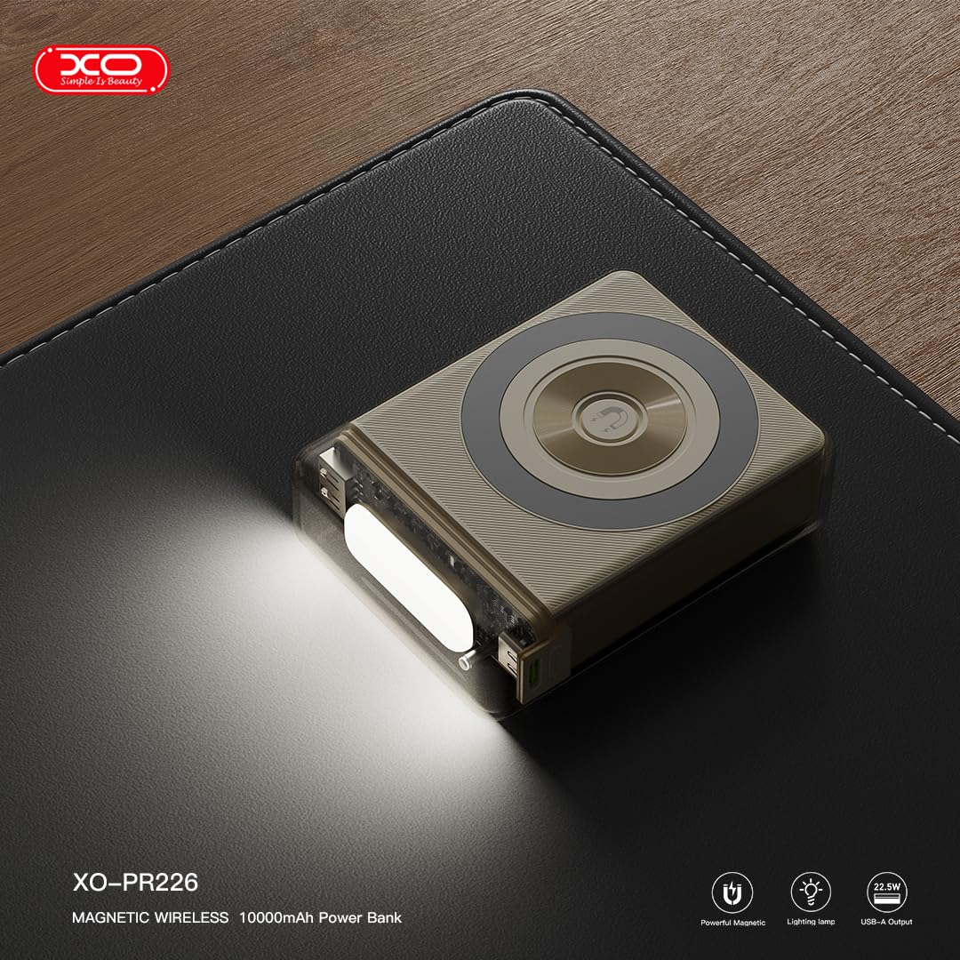 XO PR226 power bank con torcia, 10000 mAh power bank compatibile con MagSafe, 20 W PD + 22,5 W ricarica rapida USB, ricarica wireless da 15 W, trasparente (nero)