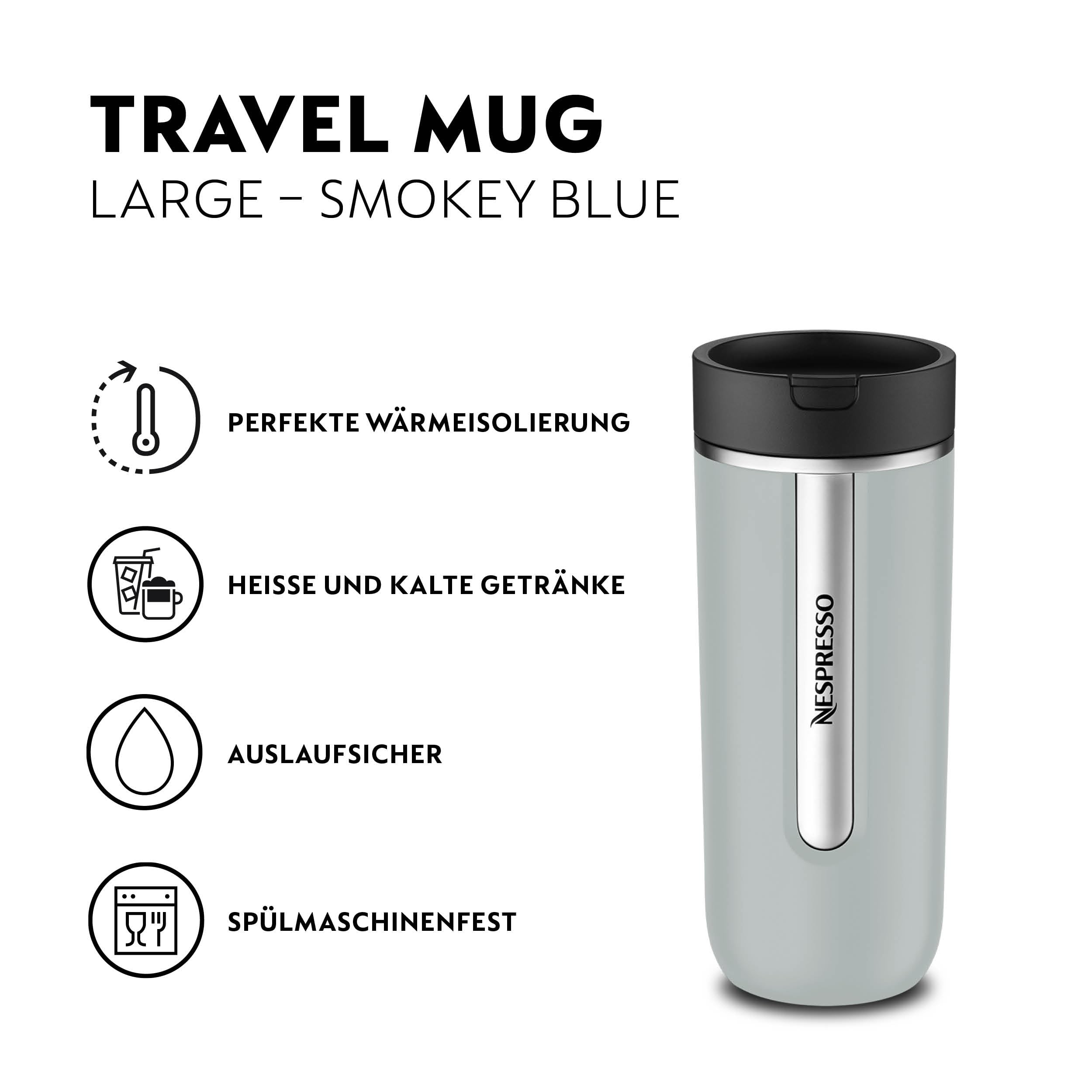 Nespresso Travel Mug Thermobecher Large Smokey Blue 540ml | Kaffeebecher to go aus Edelstahl mit Deckel, hält kalt & warm für Kaffee, Tee, Matcha etc., auslaufsicher & spülmaschinenfest