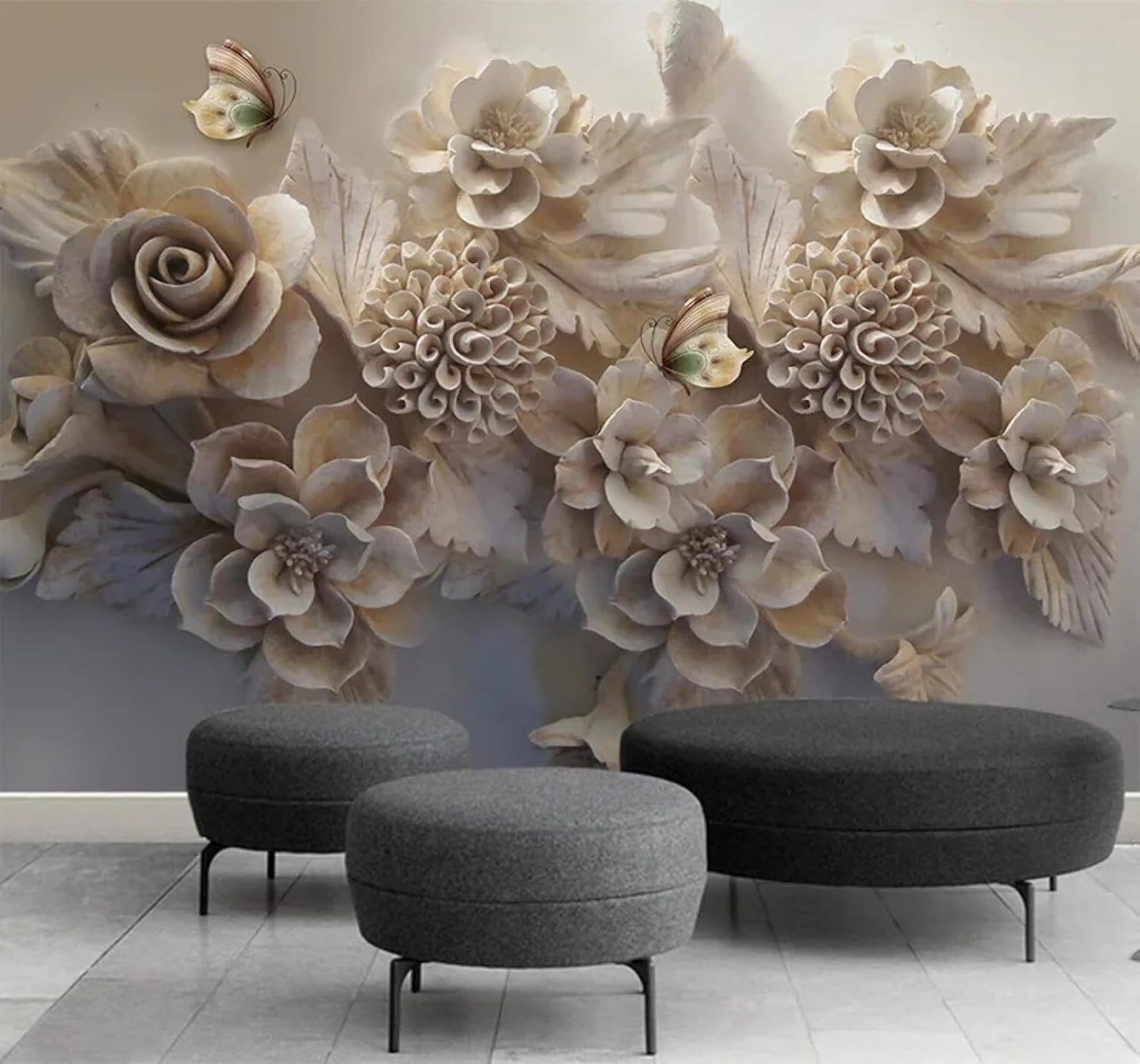 XLMING Vintage Relief Three Dimensional Flowers Butterflies 3D Wallpaper Luxury Silk Study Dining Feature Sofa Grey Bedroom Living Room Tv Decorative Wall-250cm×170cm