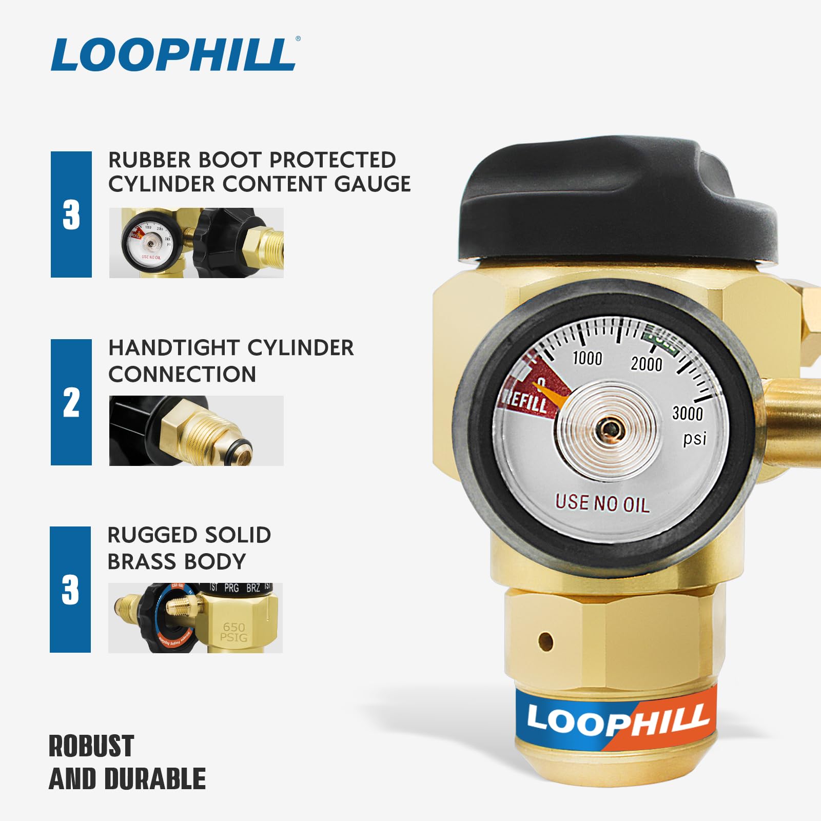 LOOPHILL VN-650 Regulador de purga de nitrógeno con 650 PSI - Control de flujo de 4 posiciones (TST/PRG/BRZ/OFF), cuerpo de latón resistente para pruebas de fugas y protección de soldadura