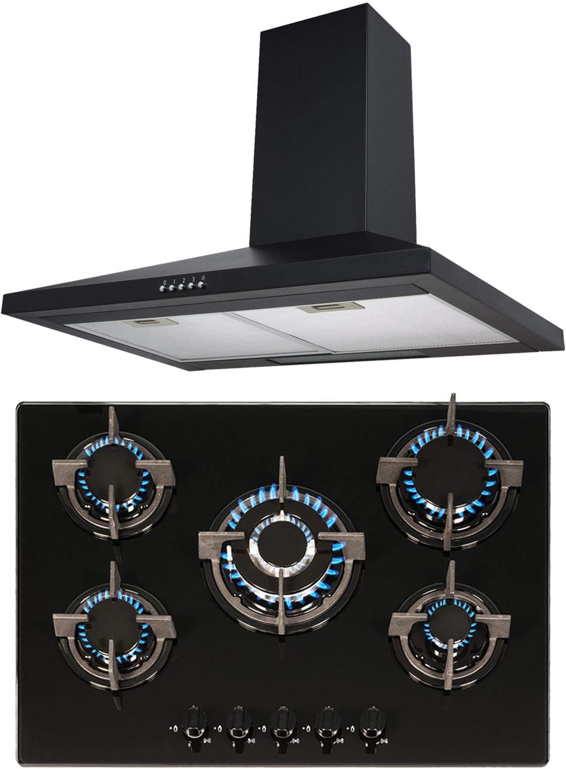 SIA 70cm Black 5 Burner Gas On Glass Hob & Chimney Kitchen Extractor Cooker Hood Amazon.co.uk