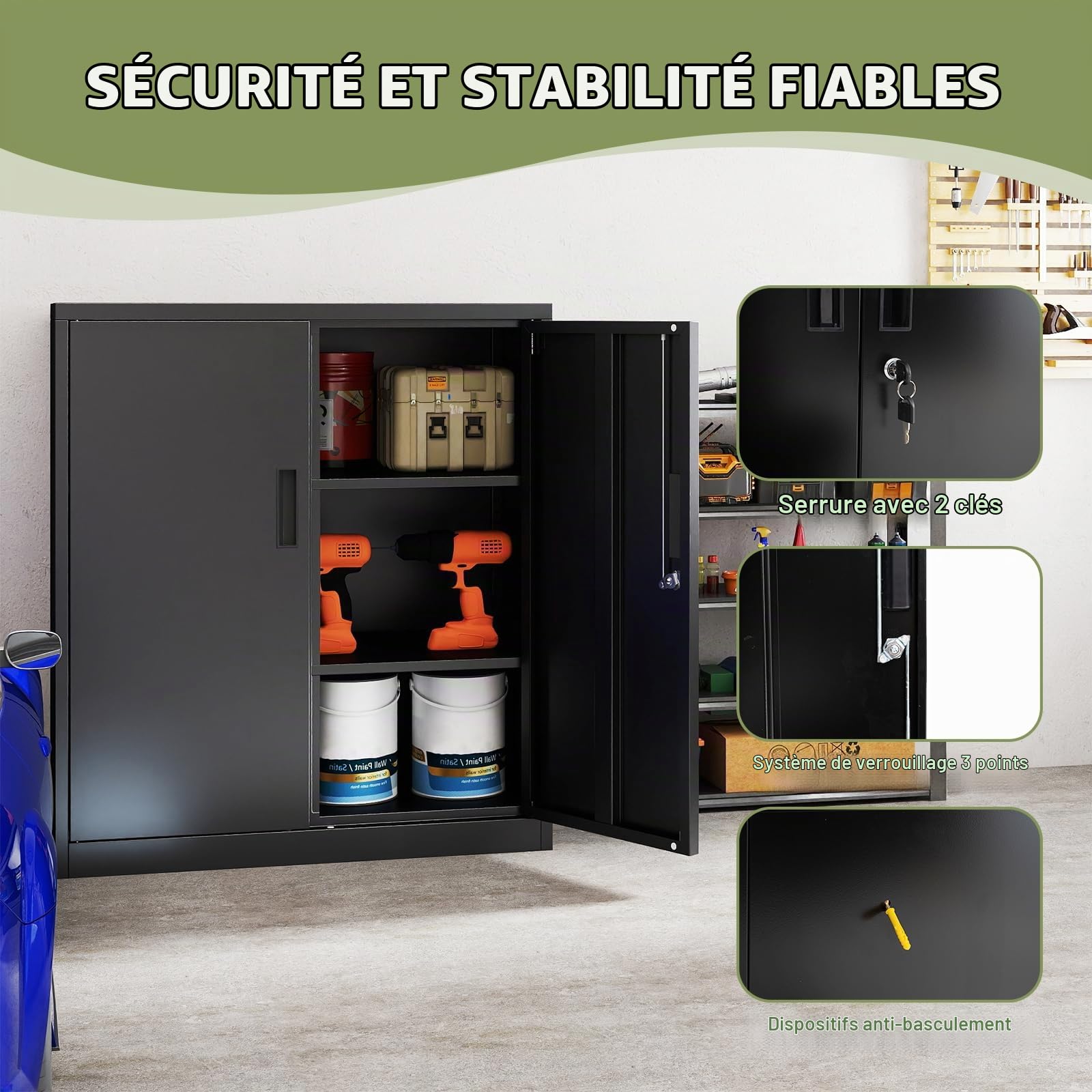 GIANTEX Armoire Metallique avec 2 Portes Verrouillables, Armoire de Rangement en Métal avec 2 Étagères Réglables pour Outils, Meuble de Rangement pour Garage, Bureau, Atelier, Noir