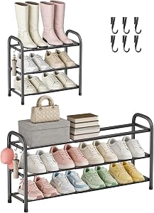 Étagère à chaussures extensible pour placard, étagères à chaussures en métal à 3 niveaux pour entrée, organisateur de chaussures autoportant réglable, idéal pour petits espaces étroits (Noir)
