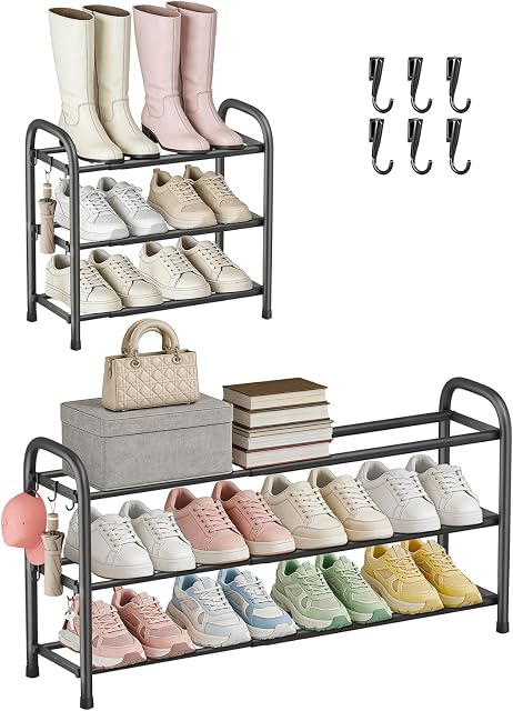 Étagère à chaussures extensible pour placard, étagères à chaussures en métal à 3 niveaux pour entrée, organisateur de chaussures autoportant réglable, idéal pour petits espaces étroits (Noir)