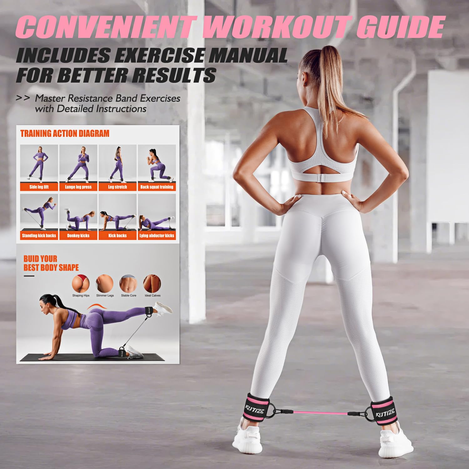 Bandas de resistencia al tobillo con puños y guía de entrenamiento, equipo de entrenamiento de piernas/glúteos para mujer para fitness en casa, bandas de ejercicio de empuje de cadera