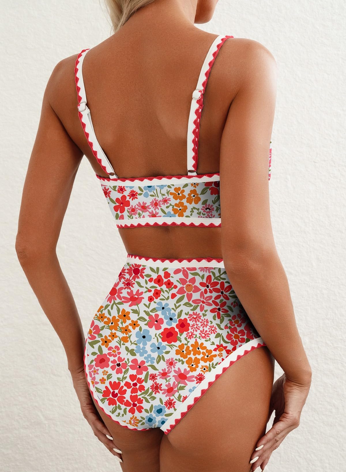Herseas Ensemble de maillot de bain bikini 2 pièces pour femme, imprimé floral, points roulés, taille haute | Encolure dégagée, couverture complète, bretelles réglables, reliure contrastée, sans armatures, coussinets amovibles
