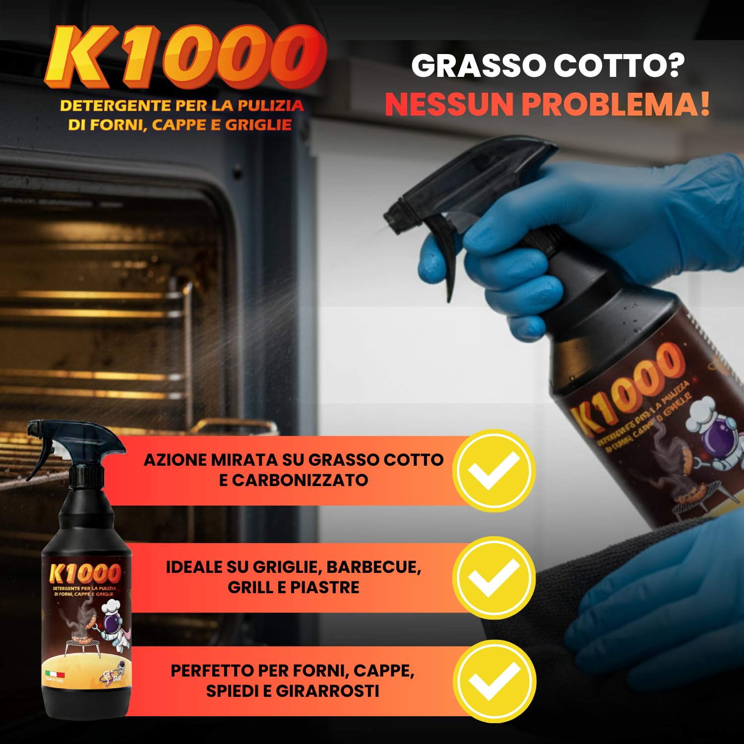Detergente Pulizia Forno K1000 | Sgrassatore per Grasso Cotto e Incrostazioni | Griglia Barbecue, Grill e Cappe | Spray Uso Puro o Diluito | 750 ml Made in Italy