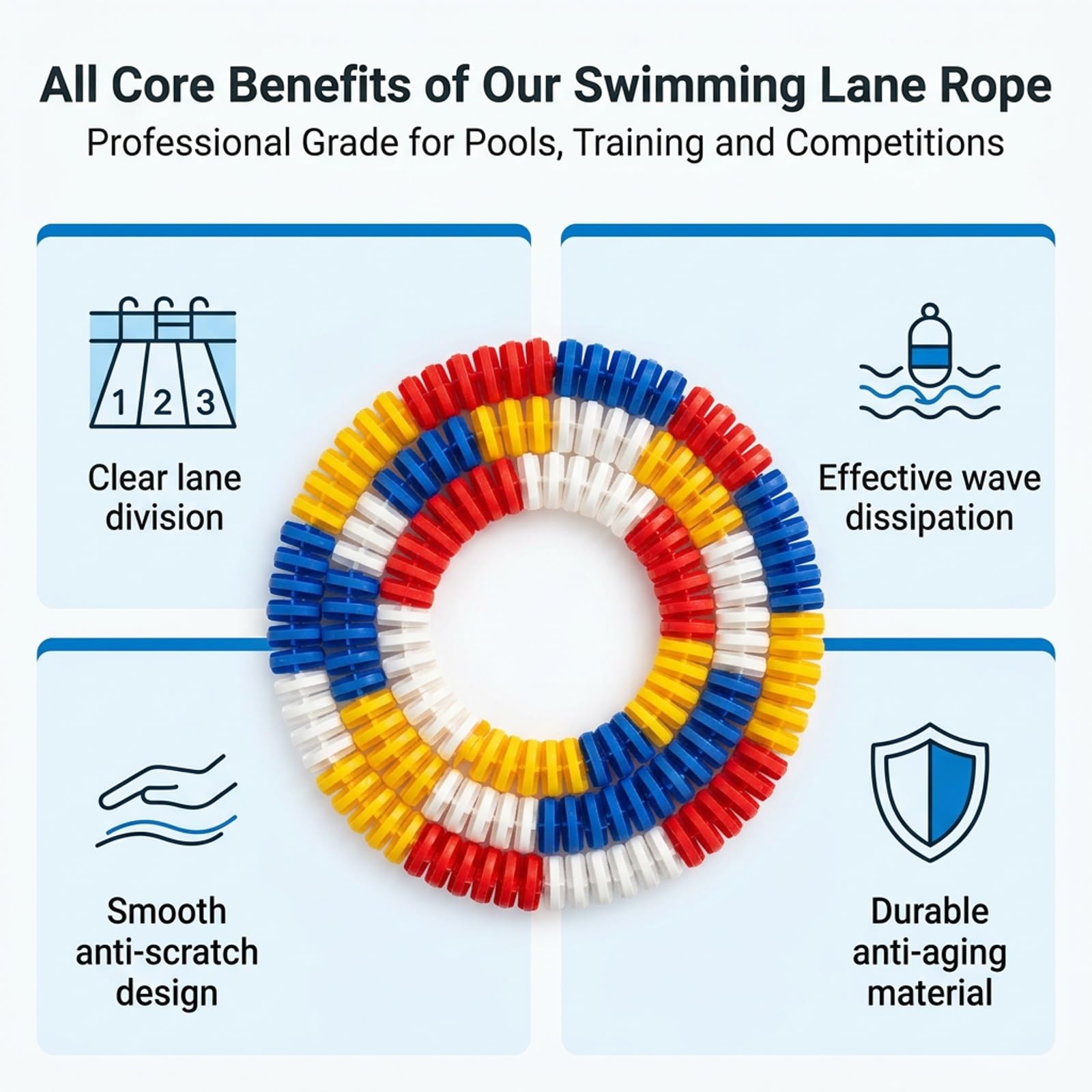 Corchera Piscina Multi-Medida con Flotadores en Espiral 6cm 9cm, Cuerda de Seguridad HDPE Rompeolas Línea de Marcación Lisa para Entrenamiento
