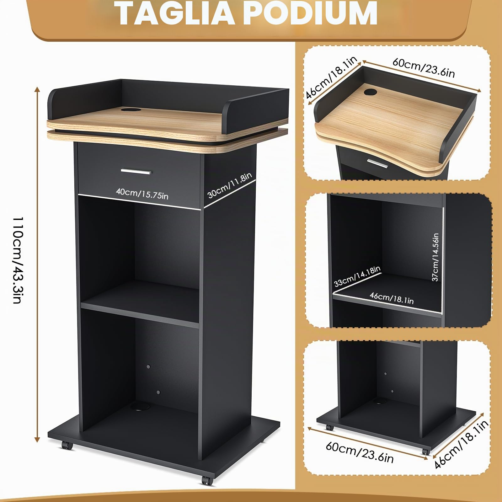 Podio in legno con cassetto estraibile e ruote, pulpito alto in legno massello di alta qualità, con ripiano a doppio strato, per chiesa, conferenze, scuola, seminario (110 x 46 x 60 cm)