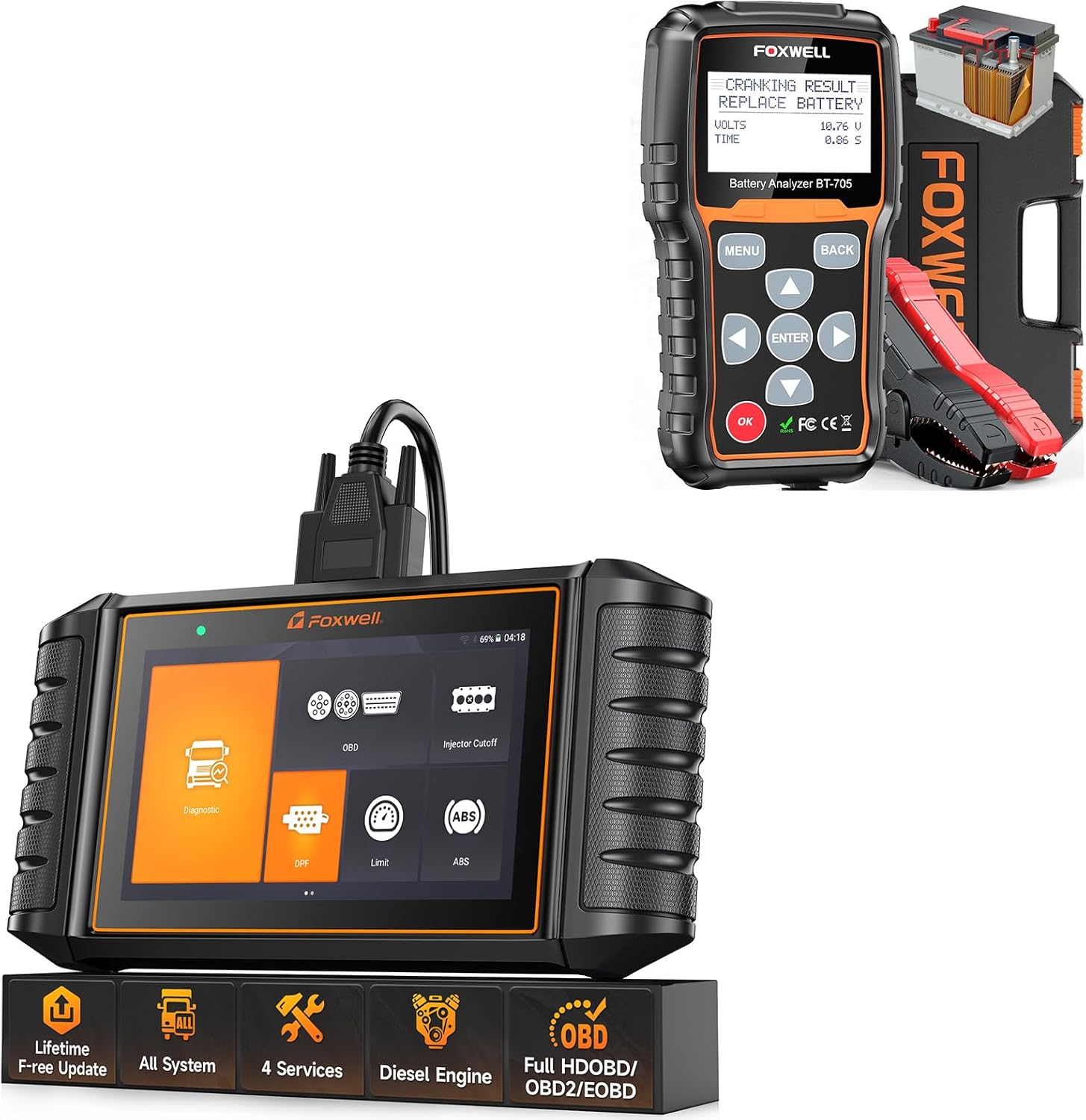 FOXWELL HD500 Heavy Duty Truck Scanner with DPF Regen/Injector Cutoff/Limit Setting + FOXWELL BT705 Car Battery Tester 12V 24V, Automotive 100-2000CCA Battery Load Tester