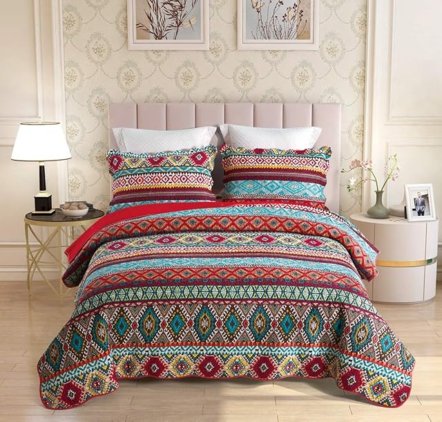 Qucover Bohemian Bedspread King Size, Boho Style Red Striped 100% Cotton Quilted Bedspreads, Winter Quilted Coverlet with 2 Pillow Shams, 230x250 cm