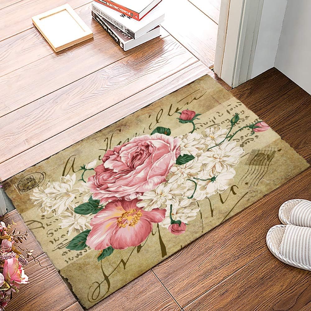 Front Door Mat Welcome Doormat- Rustic Rose Flower Non-Slip Entrance Mat Low-Profile Floor Mat for IndoorOutdoorHomeOffice, 16 x 24 inch