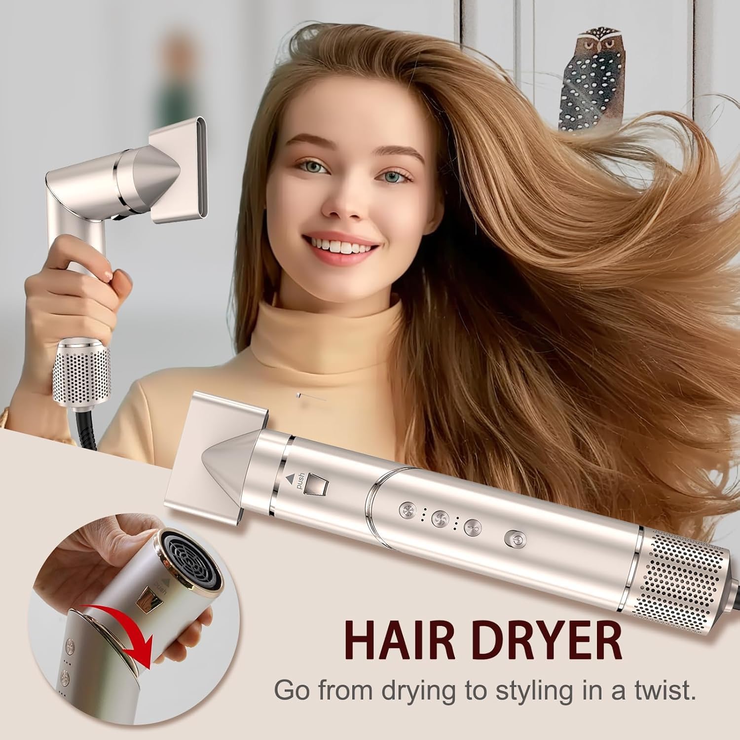 5 in 1 Blow Dryer Brush & Hot Air Styler–110,000 RPM High-Speed Hair Dryer with Auto Wrap Curlers & Ionic Technology, Hot Air Brush Wrap Fast Drying, Curling/Volumizing/Straightening - Gold - Image 3