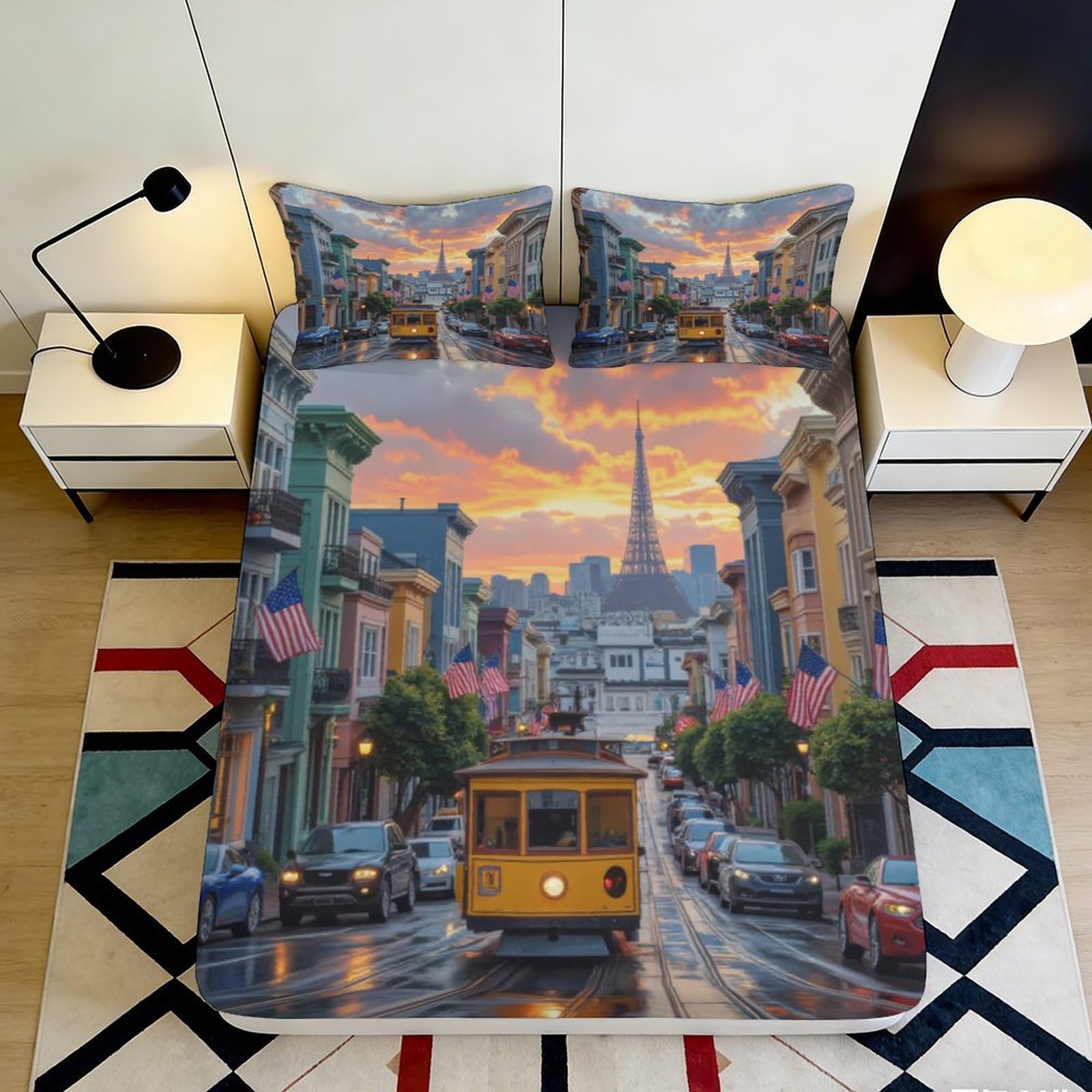 3D Printed City Street View Fitted Sheet Microfiber Soft Paris Cable Car Bed Cover for Bedroom Dorm Mattress Protection Decor 90x200x25cm