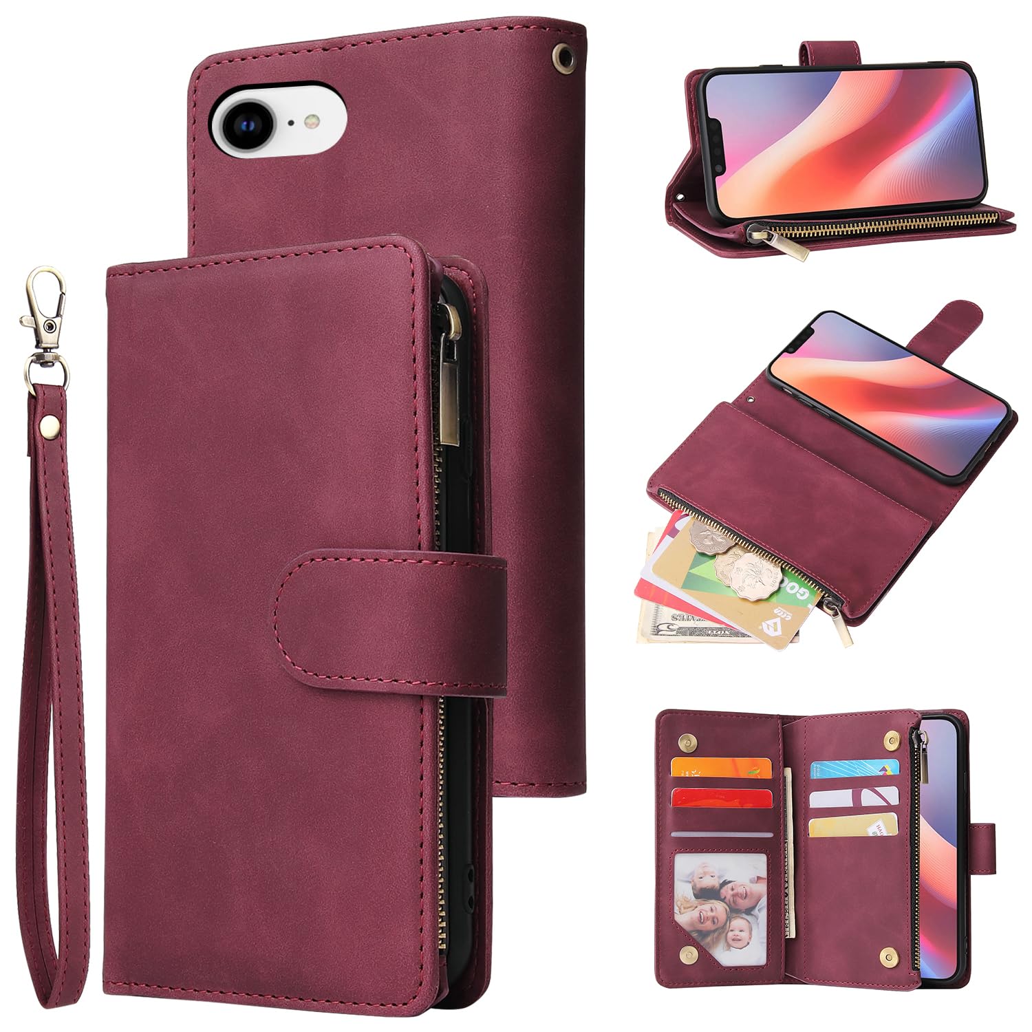 QLTYPRI Wallet Case for iPhone 16e/17e, Premium Vintage PU Leather Zipper Pocket Case with Card Holder Slots Magnetic Closure Kickstand Wrist Strap