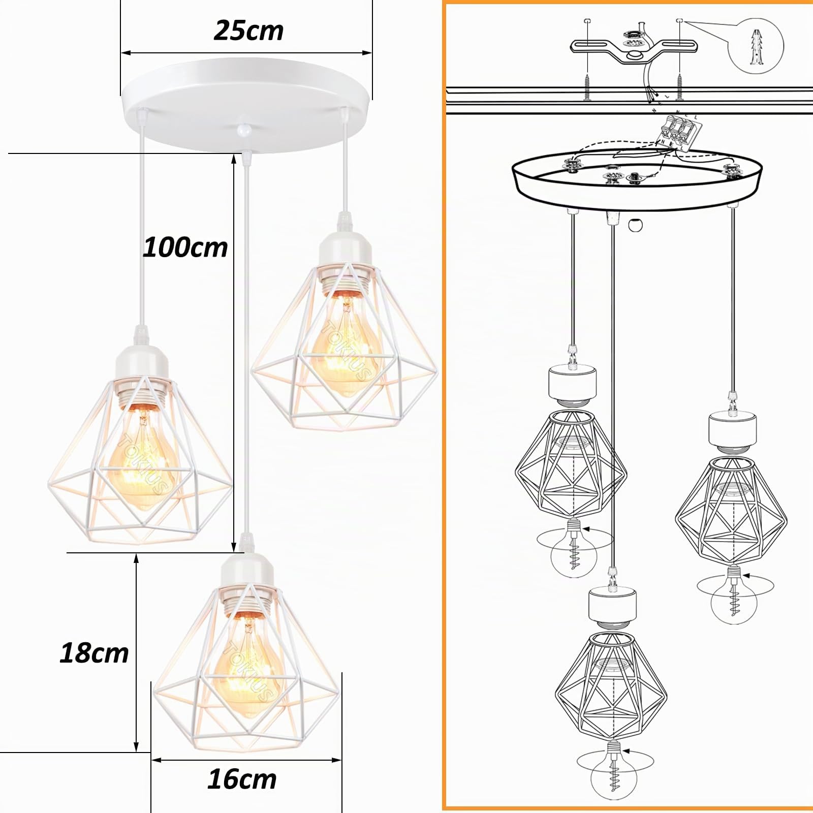 Lampadario a sospensione 3 Luci Vintage Plafoniera Industriel Lampadario vintage da soffitto E27 Design Gabbia ferro Bianco Ø160mm Per Soggiorno Cucina Camera da letto
